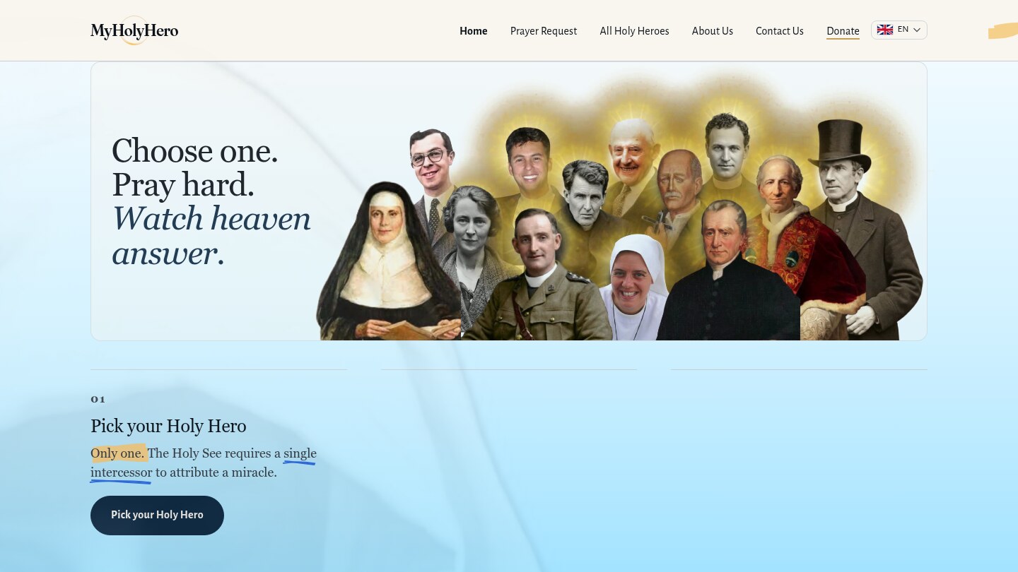 MyHolyHero — full homepage screenshot
